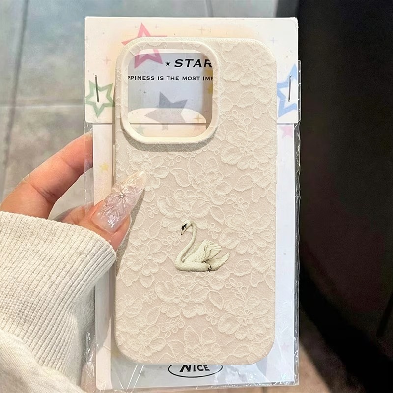 Phone Cases Iphone 13 - Lace Swan Pattern Lychee Texture Phone
